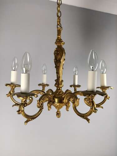 French 6 Light Gilt Bronze Antique Chandelier