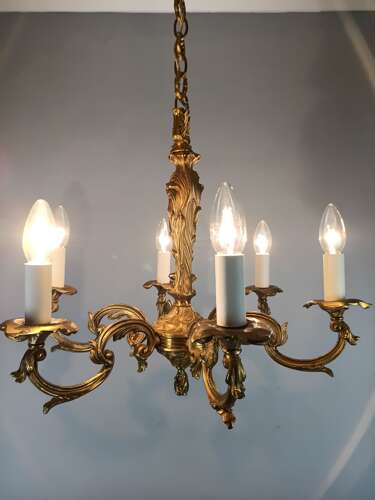 French 6 Light Gilt Bronze Antique Chandelier