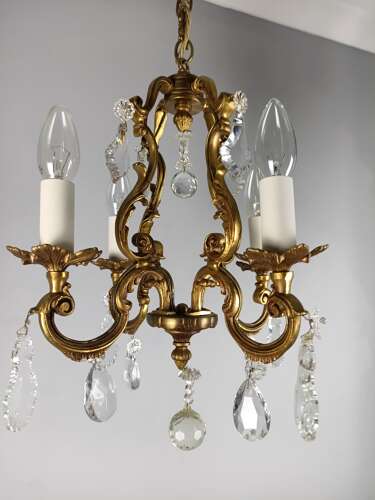 French Gilded & Crystal 4 Light Chandelier