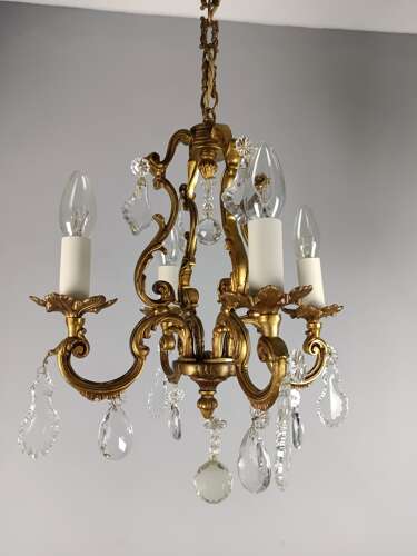 French Gilded & Crystal 4 Light Chandelier