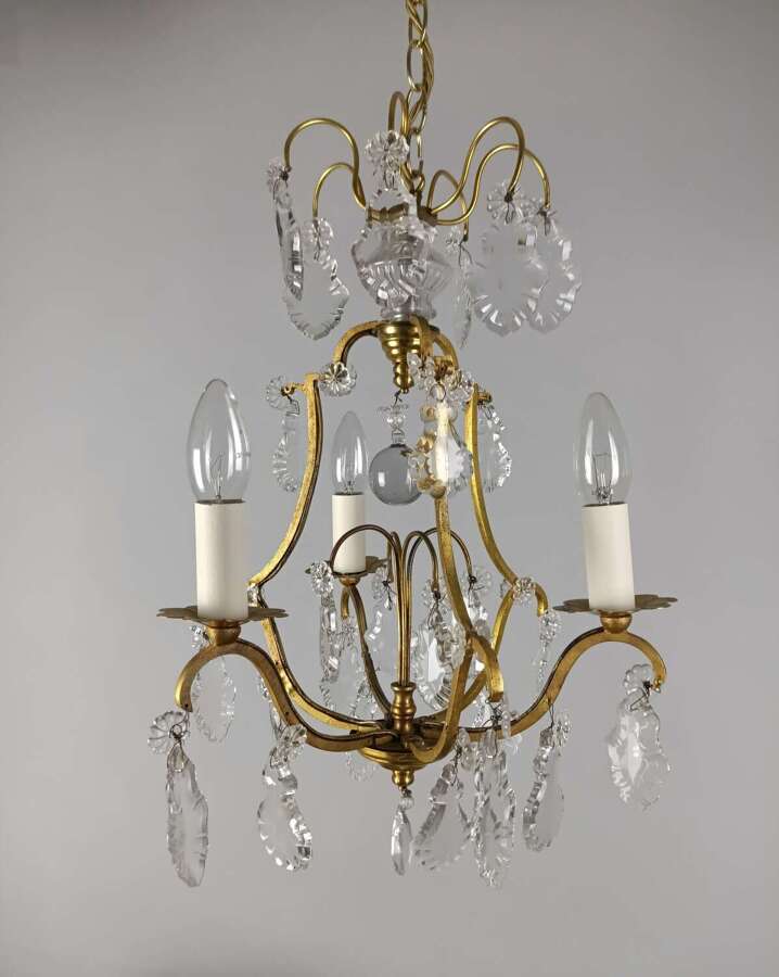 French Gilded & Crystal Triple Light Antique Birdcage Chandelier