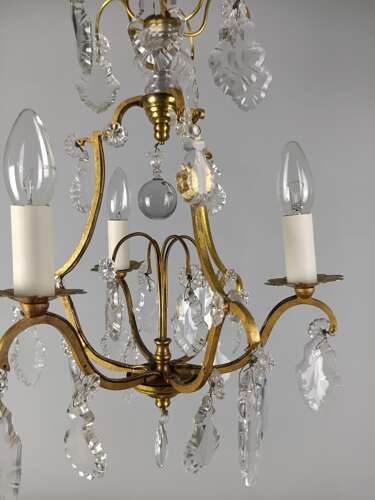 French Gilded & Crystal Triple Light Antique Birdcage Chandelier