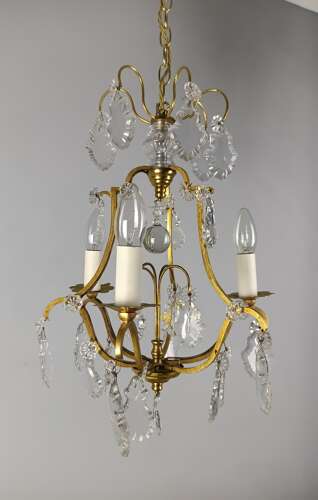 French Gilded & Crystal Triple Light Antique Birdcage Chandelier