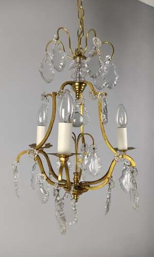 French Gilded & Crystal Triple Light Antique Birdcage Chandelier