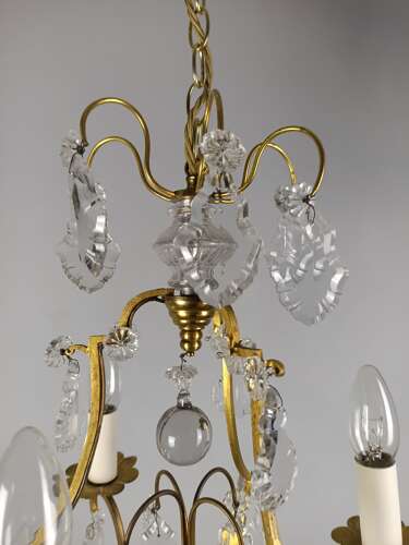 French Gilded & Crystal Triple Light Antique Birdcage Chandelier