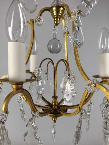French Gilded & Crystal Triple Light Antique Birdcage Chandelier