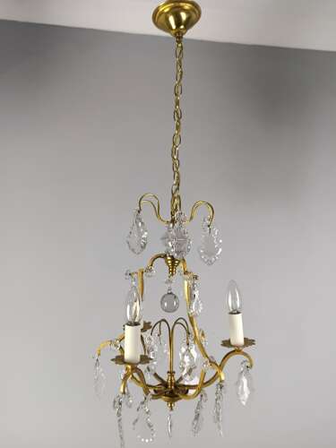 French Gilded & Crystal Triple Light Antique Birdcage Chandelier