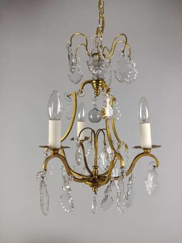 French Gilded & Crystal Triple Light Antique Birdcage Chandelier