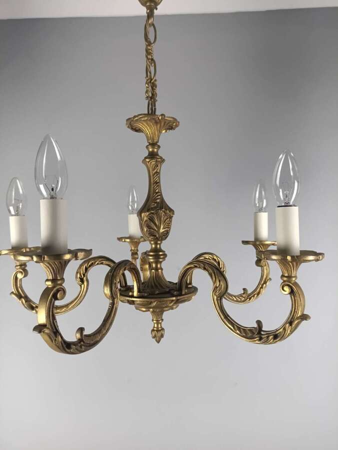French 5 Light Gilt Brass Antique Chandelier
