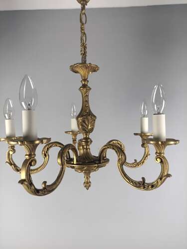 French 5 Light Gilt Brass Antique Chandelier