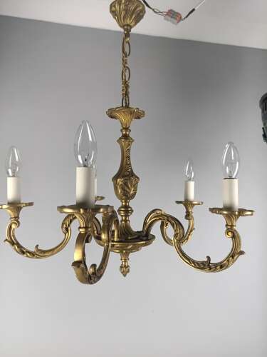 French 5 Light Gilt Brass Antique Chandelier