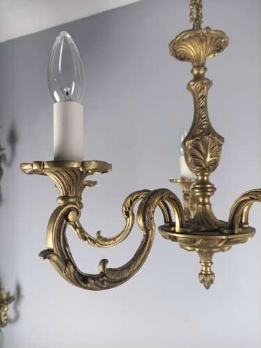 French 5 Light Gilt Brass Antique Chandelier