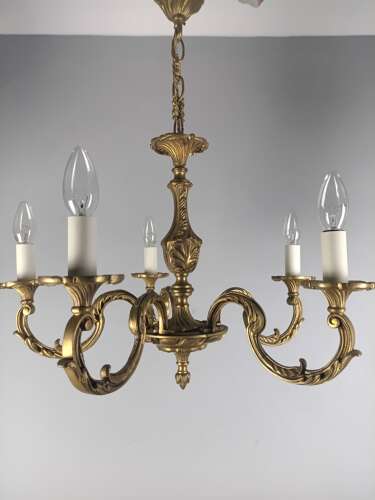 French 5 Light Gilt Brass Antique Chandelier